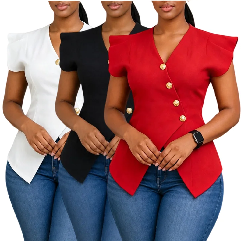 Blouse Femme Col V à Manches Volantées D3376 – Élégante & Ajustée pour le Bureau