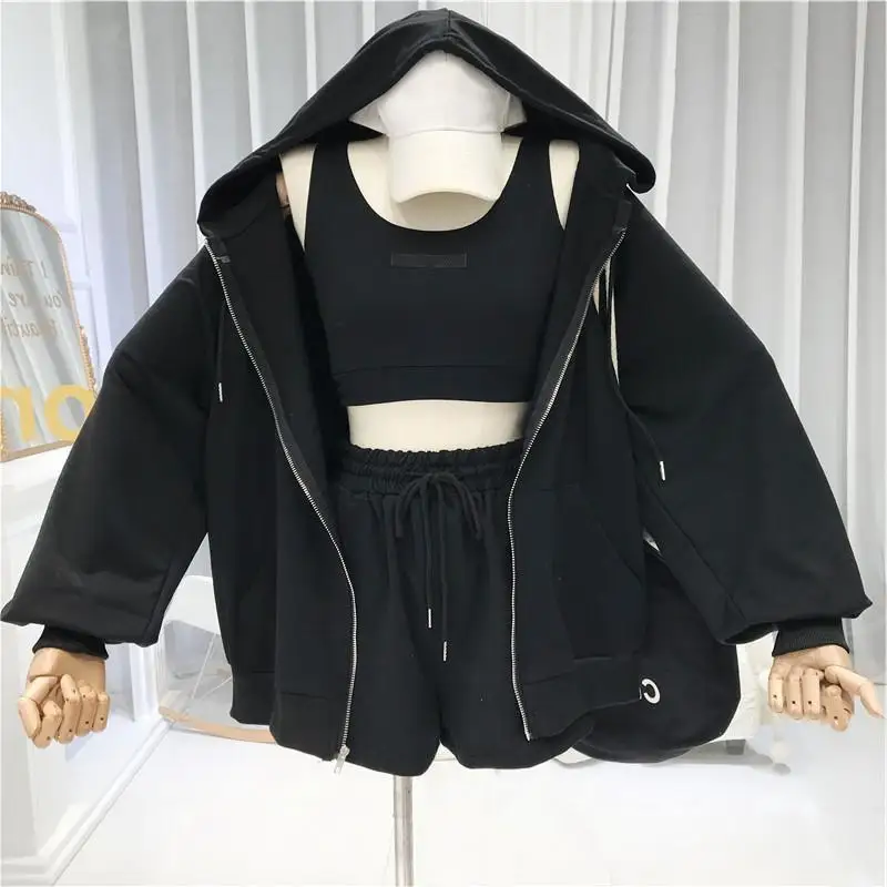 Ensemble 3 pièces femme sweat à capuche + pantalon + short brodé sport décontracté M-XXL