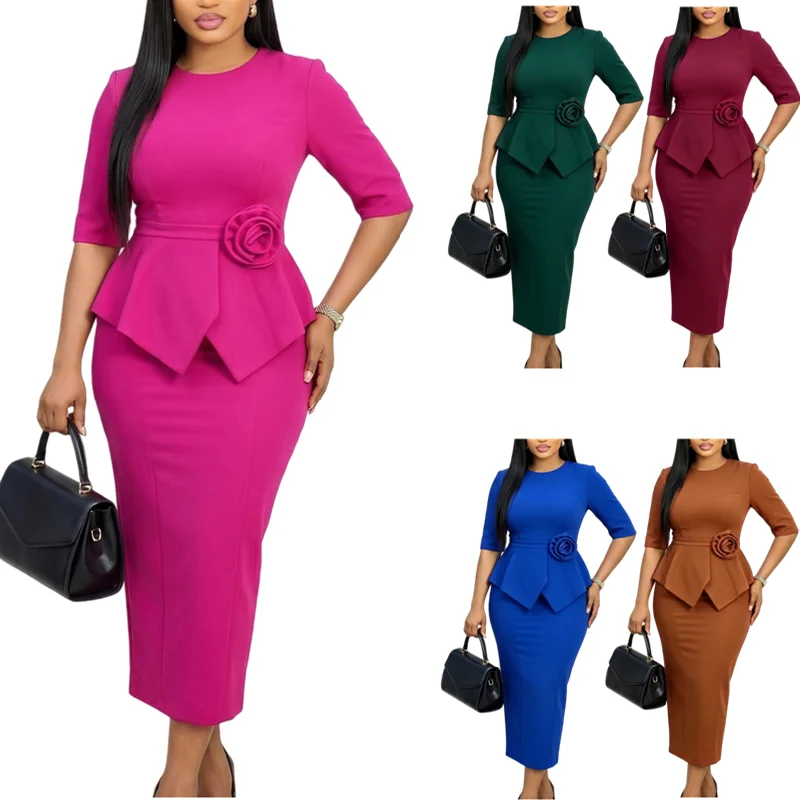 Robe Midi Femme D626 – Col Rond, Volants & Fleurs 3D, Style Bureau Élégant