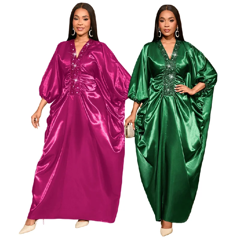 Robe Boubou Africaine Pailletée Femme – Col V, Manches Chauve-Souris, Coupe Ample Élégante