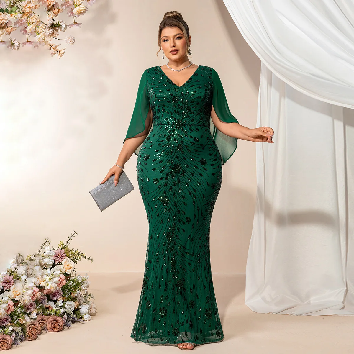 Robe de soirée grande taille à paillettes col V sirène - TW0206P