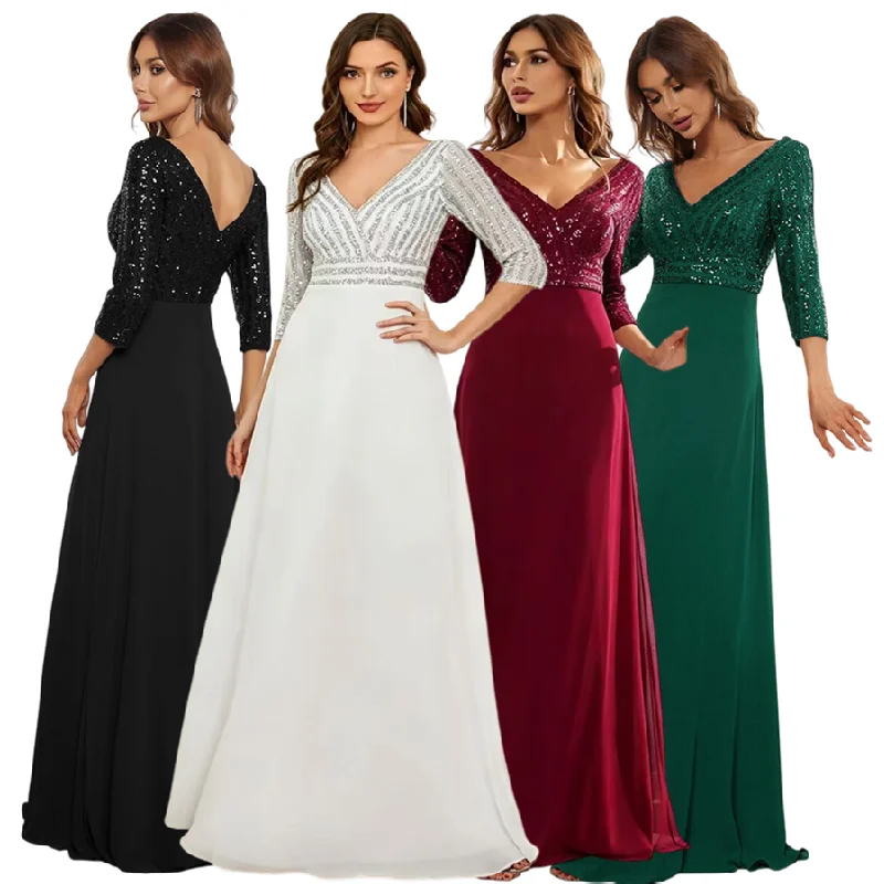 Robe de Soirée Luxe RY0150 – Col V, Manches 3/4, Paillettes & Mousseline | Toutes Saisons