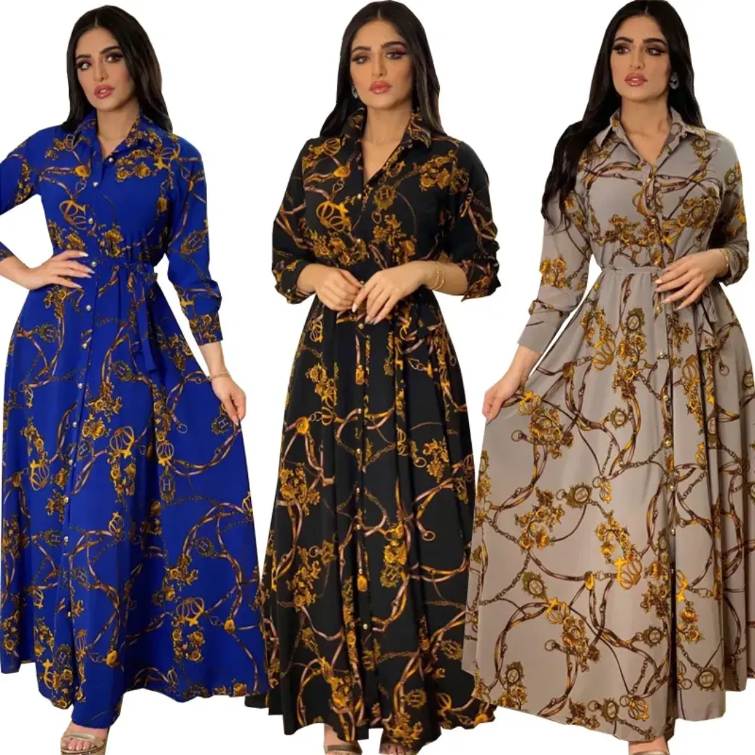 Robe Longue Élégante Femme Style Oriental – Manches Longues, Ceinture Taille Haute, Motif Vintage
