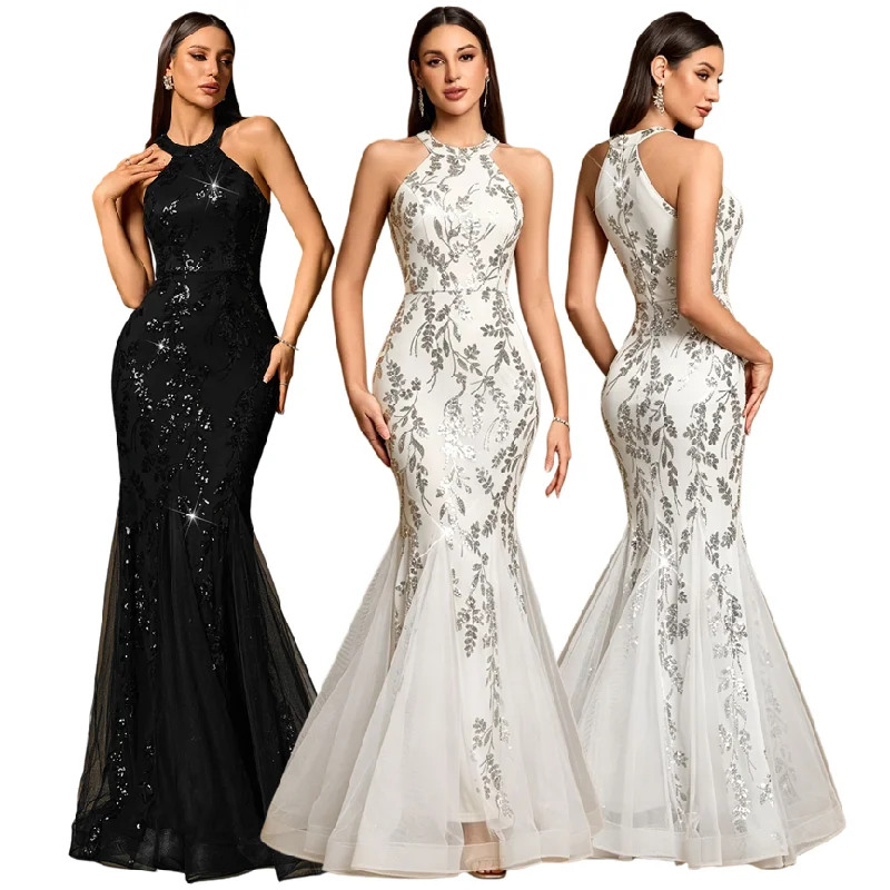 Robe Sirène Longue à Paillettes Col Halter – Soirée & Bal | TW00225