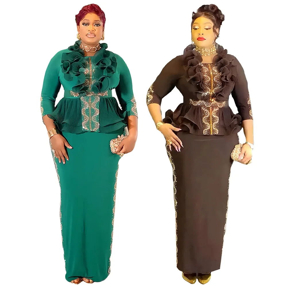 Robe de soirée grande taille S10976 – Élégante, strass & volants, coupe maxi