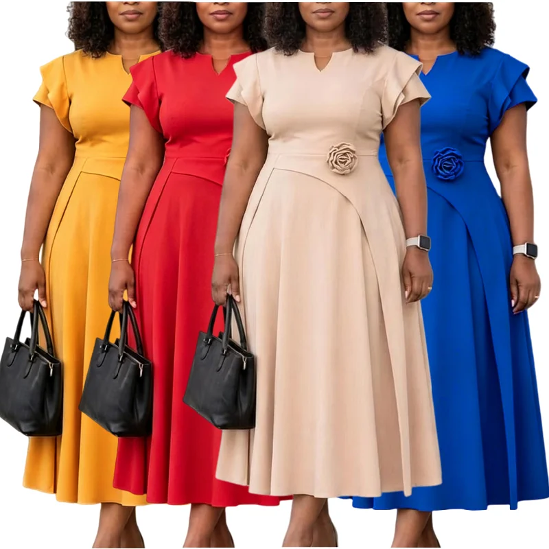 Robe Maxi Femme Col V Manches Courtes Coupe Trapèze Style Africain Bureau & Loisir