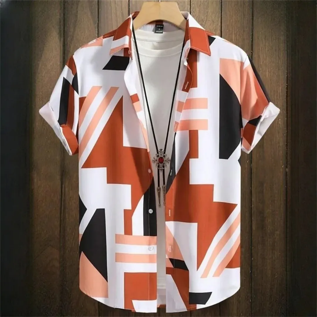 Chemise Homme Motif Géométrique Vintage – Manches Courtes