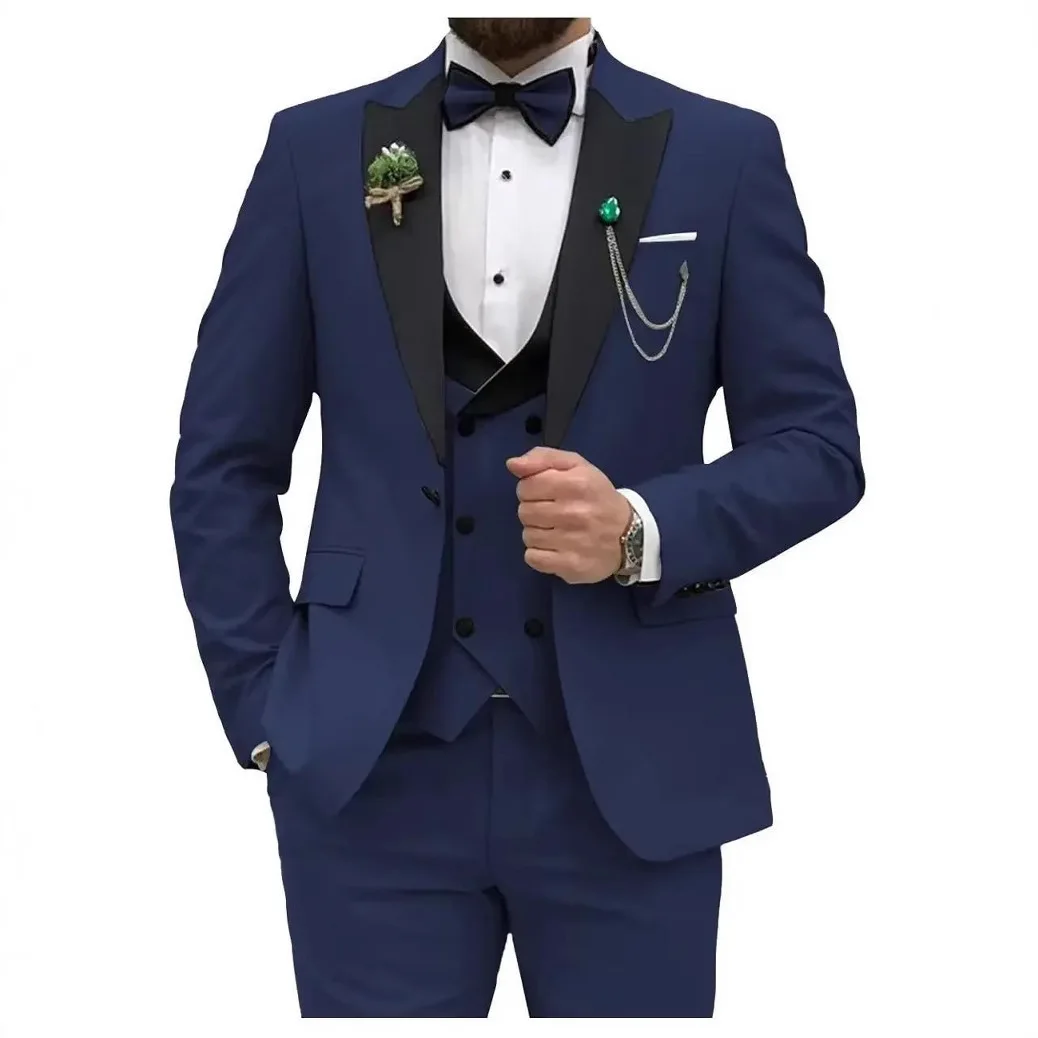 Costume 3 pièces homme Y2606 – Veste col satin + Gilet + Pantalon, style élégant mariage & affaires