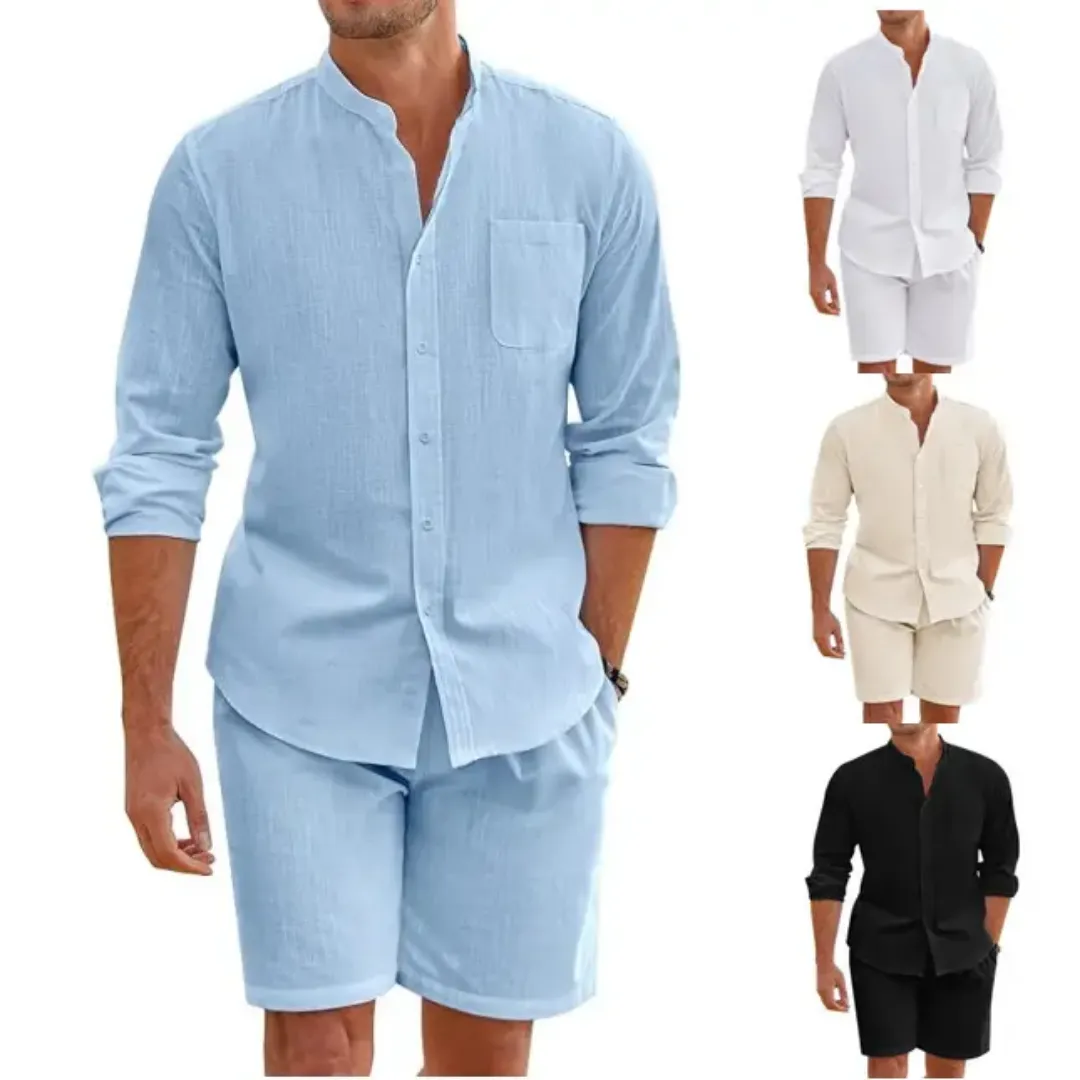 Ensemble Décontracté Homme Chemise à Col Mao et Short Assorti – Manches Longues