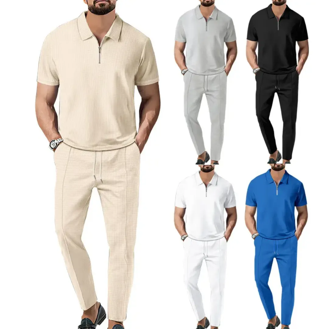 Ensemble Homme Polo Zippé & Pantalon Ajusté – Style Élégant Décontracté