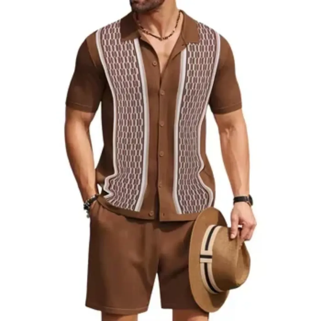 Ensemble Homme Été Marron à Motifs Géométriques – Chemise & Short