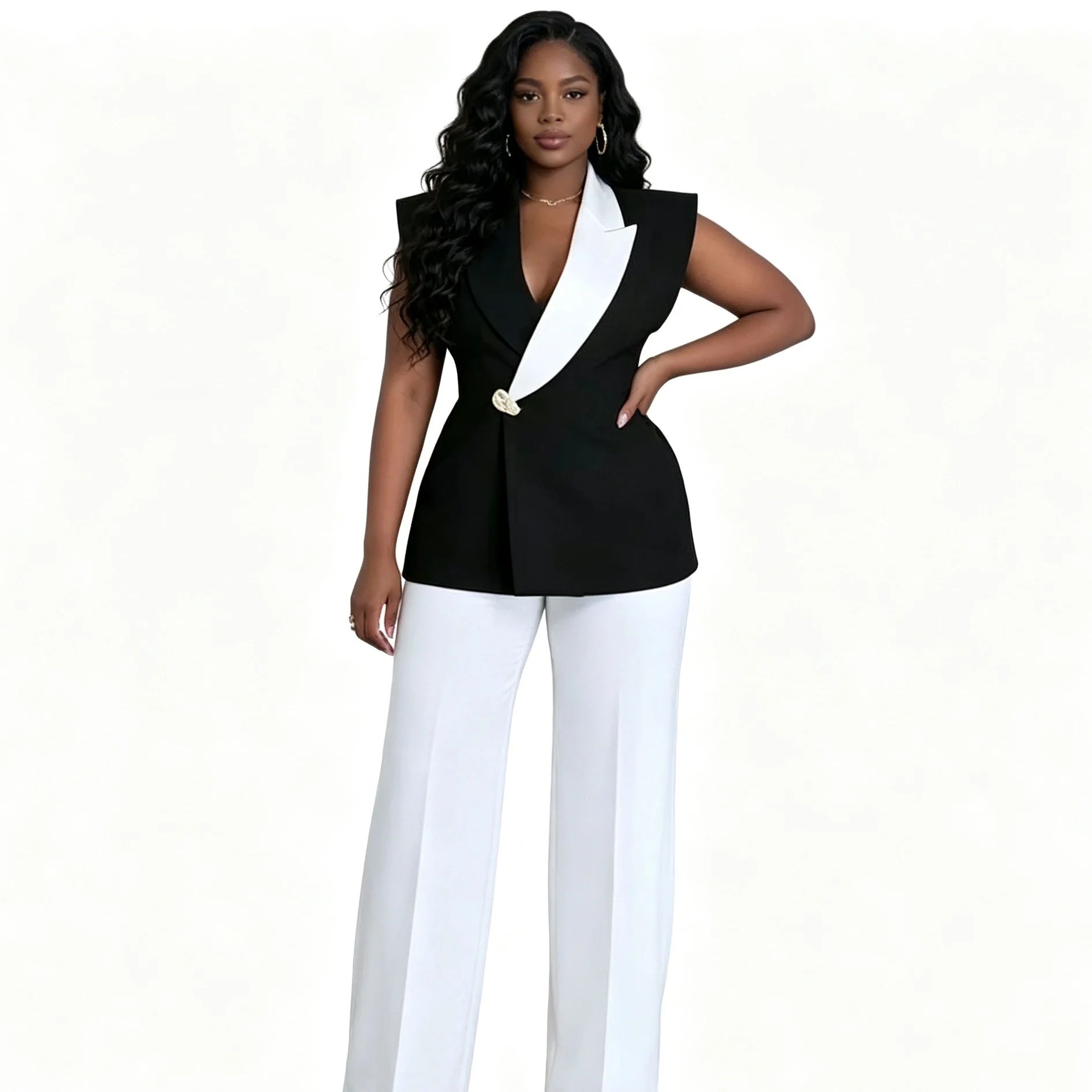 Ensemble 2 pièces femme – Blazer asymétrique color block & pantalon large | Sehe Fashion