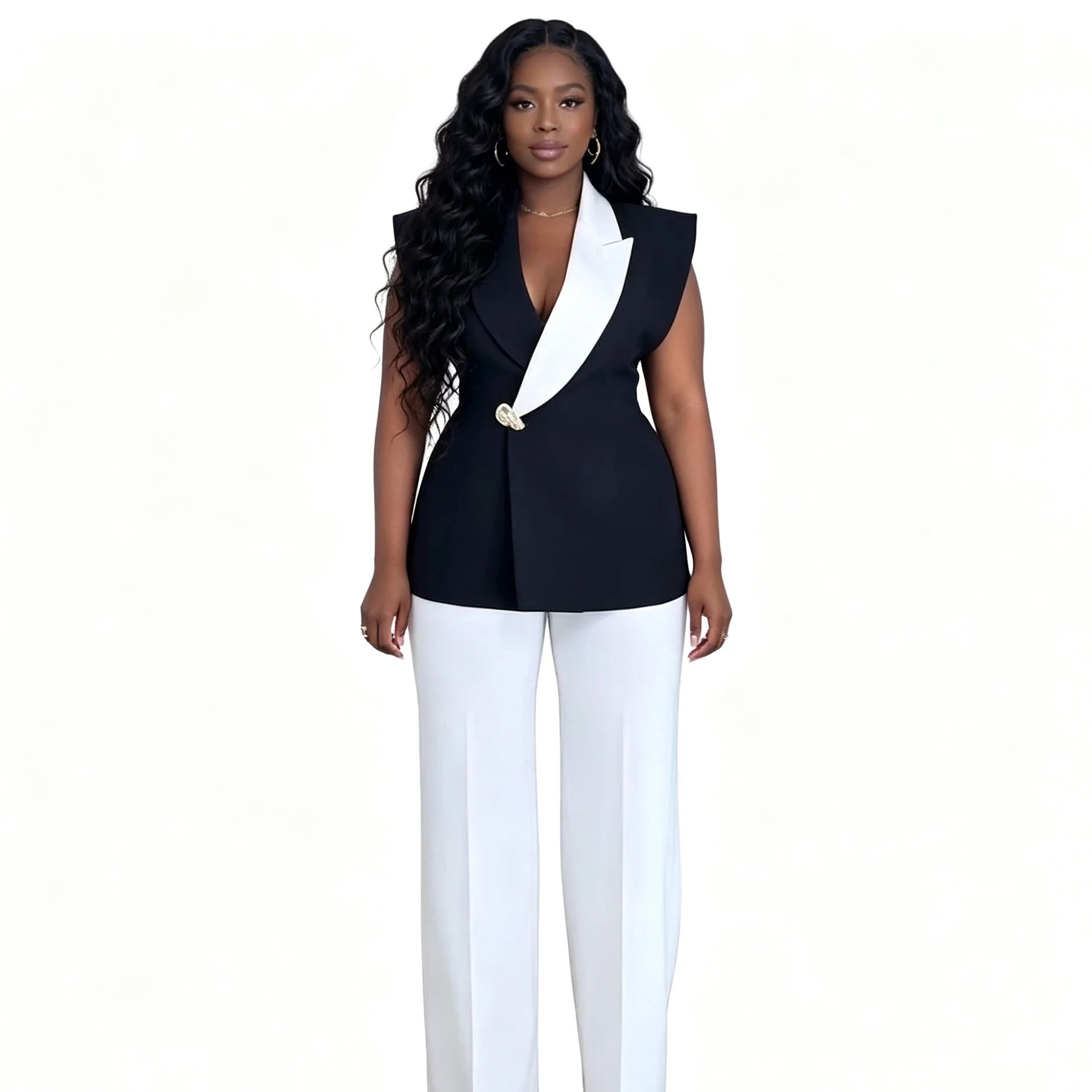 Ensemble 2 pièces femme – Blazer asymétrique color block & pantalon large | Sehe Fashion
