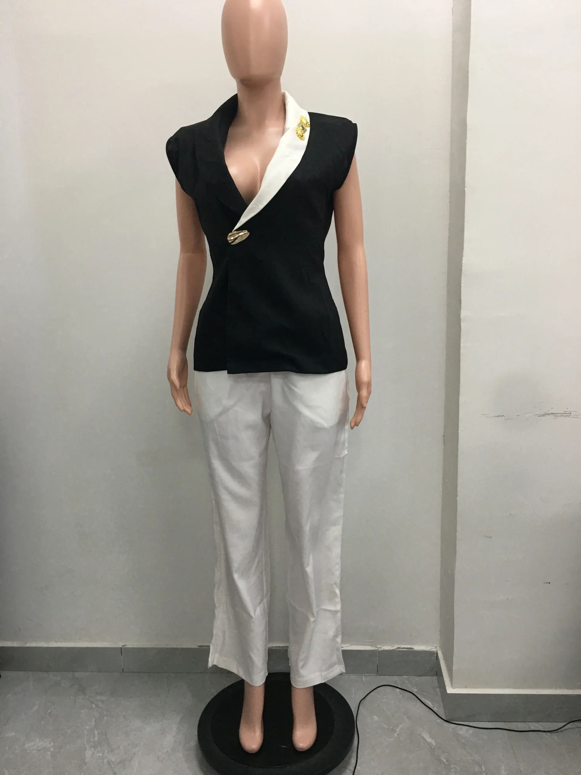Ensemble 2 pièces femme – Blazer asymétrique color block & pantalon large | Sehe Fashion