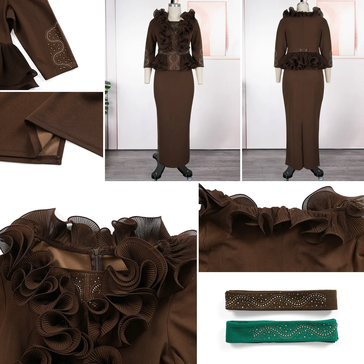 Robe de soirée grande taille S10976 – Élégante, strass & volants, coupe maxi