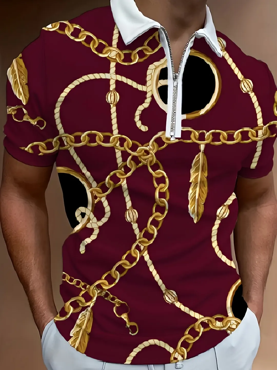 Polo Homme Blanc à Motifs Chaînes Dorées avec Fermeture Éclair
