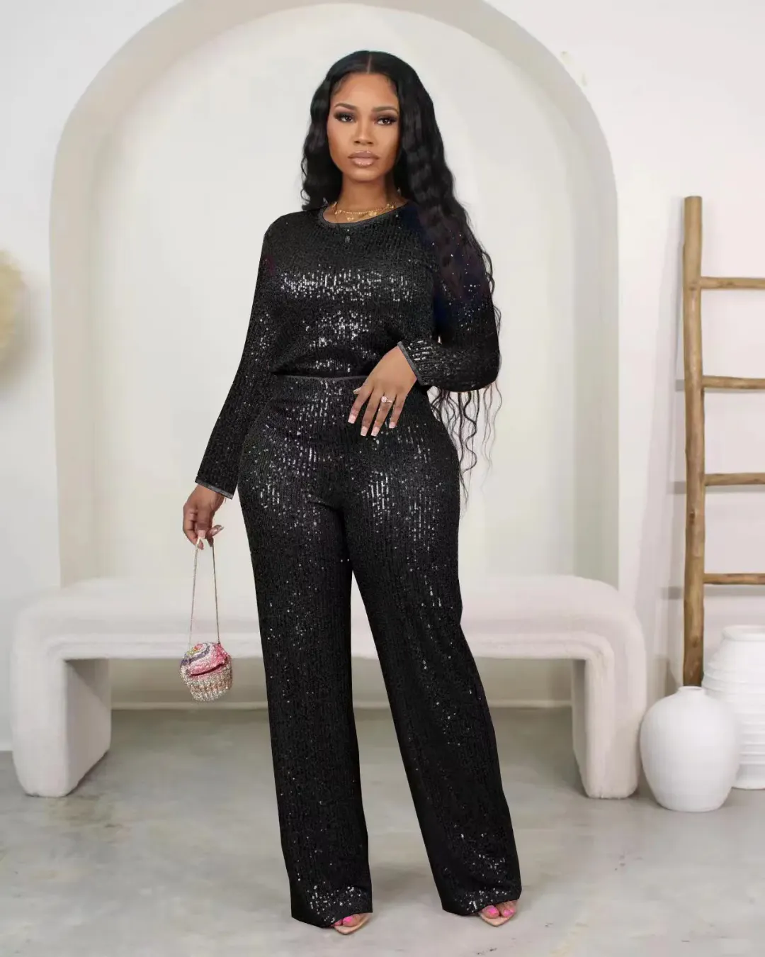 Ensemble Femme Pailleté 2 Pièces - Top Manches Longues et Pantalon Large
