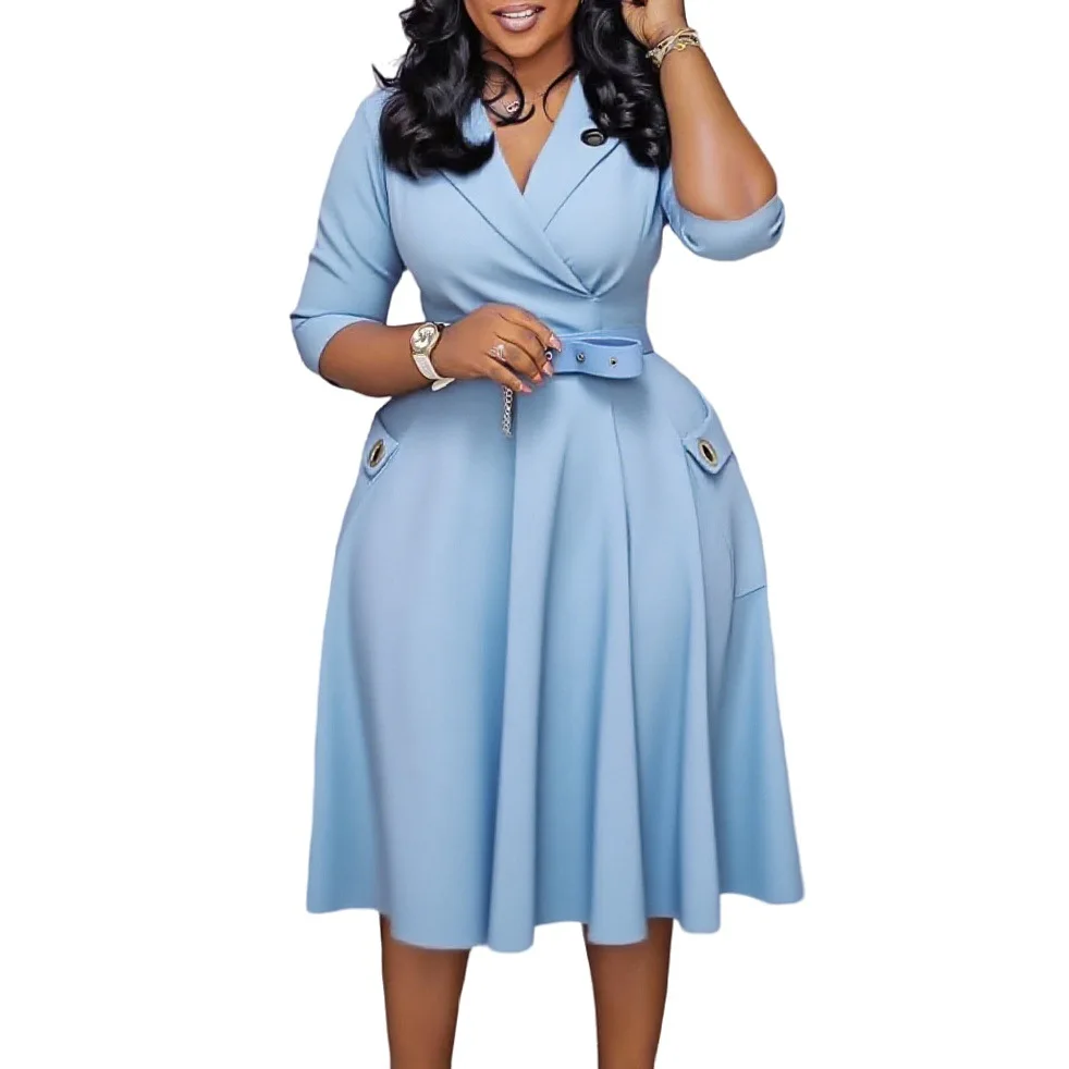 Robe Africaine Élégante Grande Taille Col Blazer Taille Haute Manches 3/4 Femme
