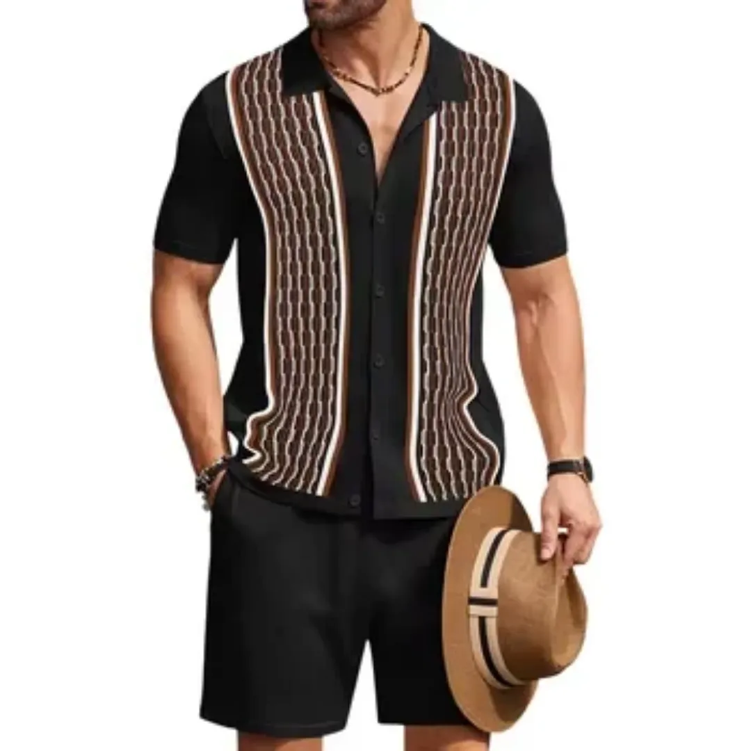 Ensemble Homme Été Marron à Motifs Géométriques – Chemise & Short