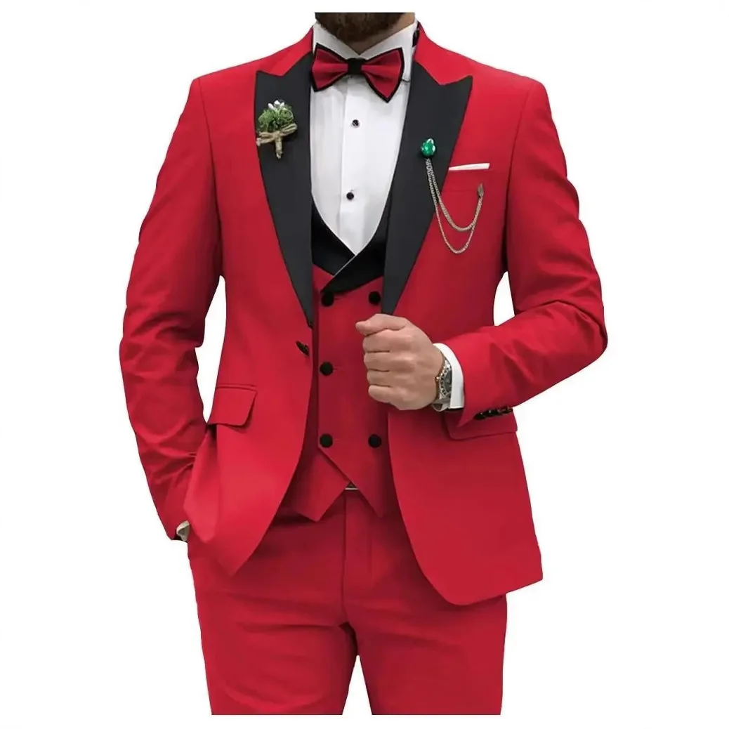 Costume 3 pièces homme Y2606 – Veste col satin + Gilet + Pantalon, style élégant mariage & affaires