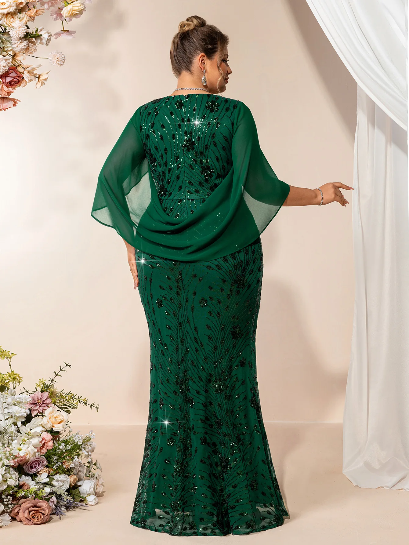 Robe de soirée grande taille à paillettes col V sirène - TW0206P