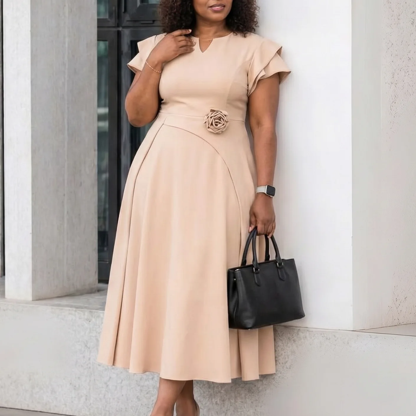 Robe Maxi Femme Col V Manches Courtes Coupe Trapèze Style Africain Bureau & Loisir