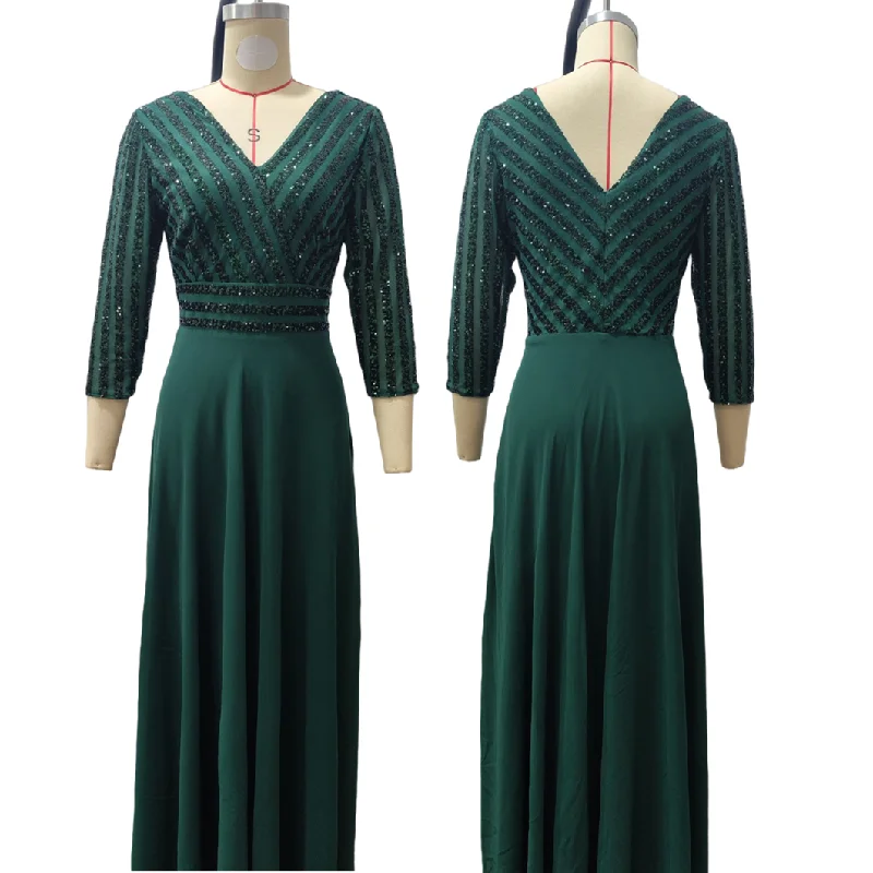 Robe de Soirée Luxe RY0150 – Col V, Manches 3/4, Paillettes & Mousseline | Toutes Saisons