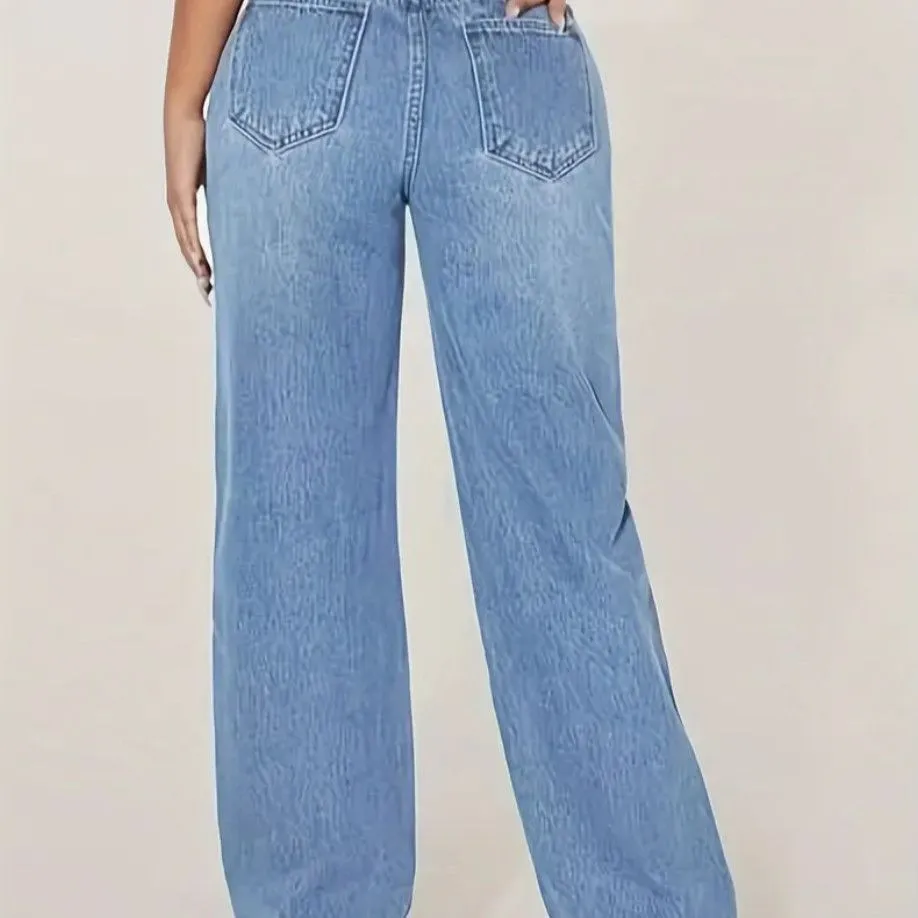 Jean femme taille haute large – Denim délavé avec effet déchiré tendance