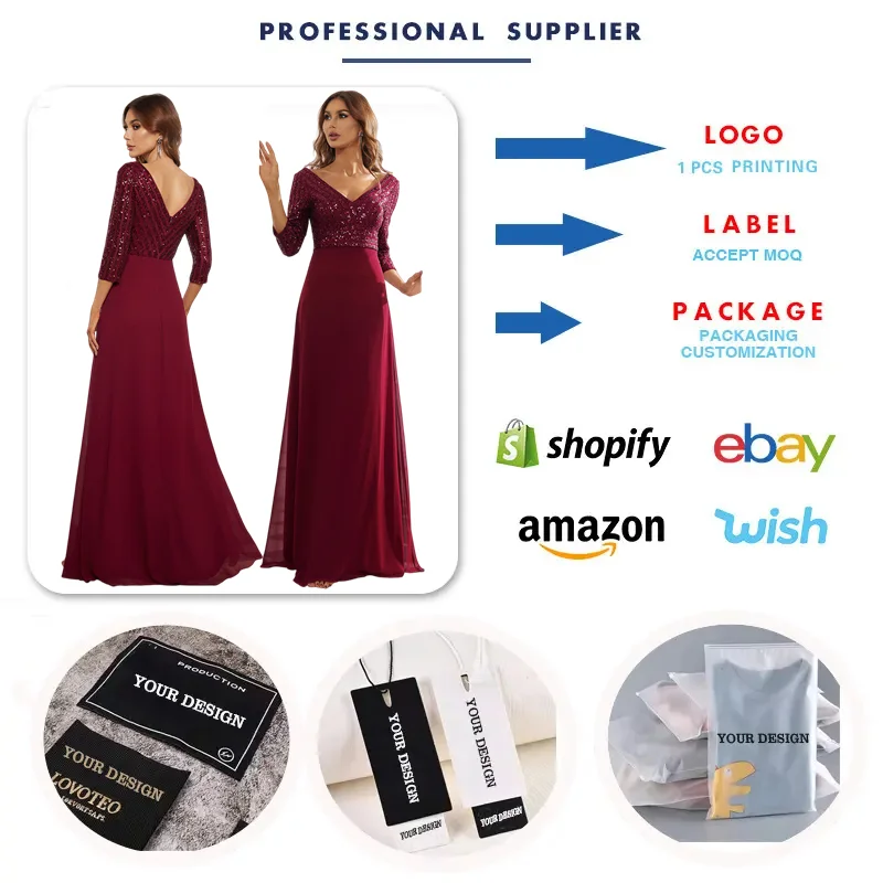 Robe de Soirée Luxe RY0150 – Col V, Manches 3/4, Paillettes & Mousseline | Toutes Saisons