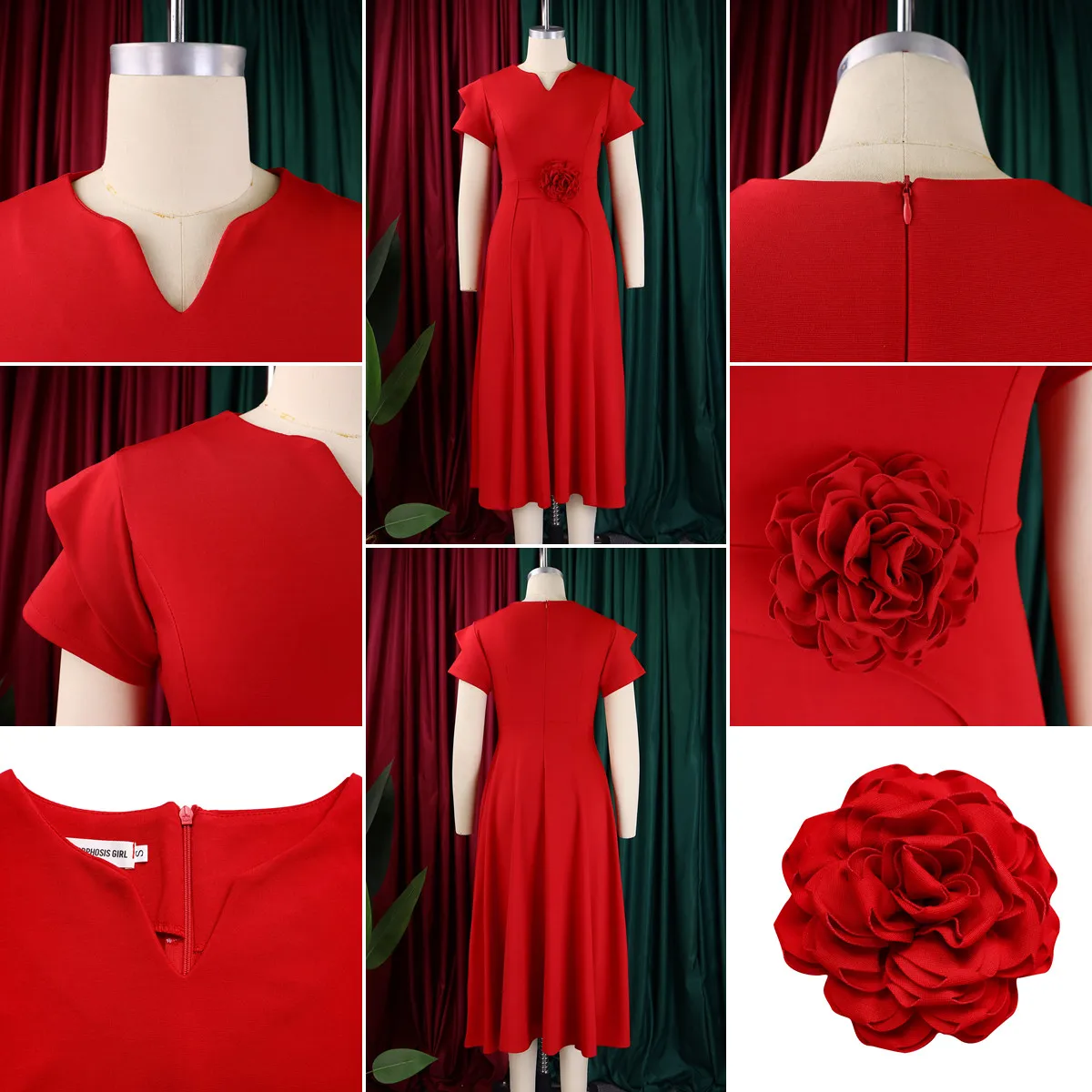Robe Maxi Femme Col V Manches Courtes Coupe Trapèze Style Africain Bureau & Loisir