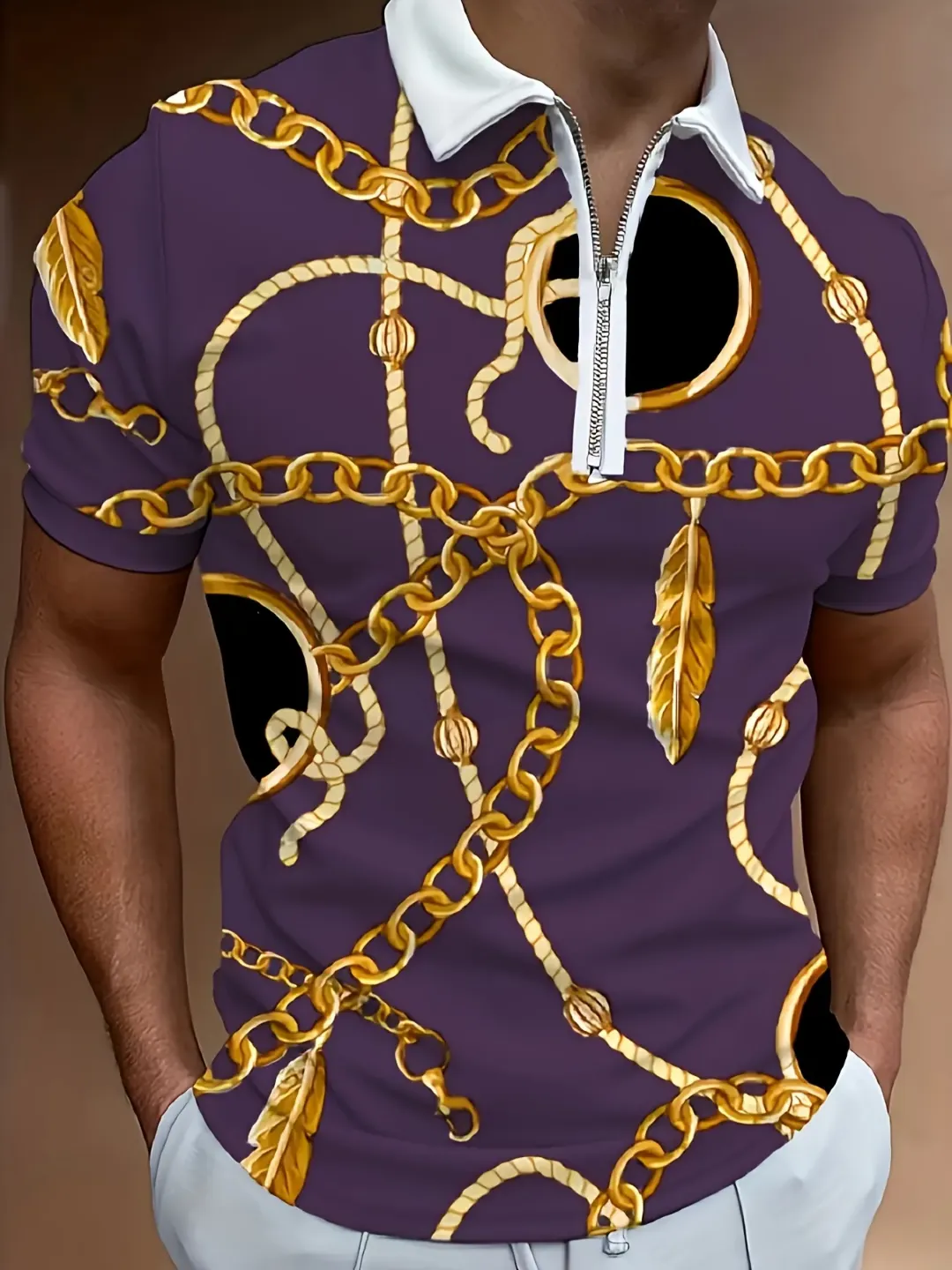 Polo Homme Blanc à Motifs Chaînes Dorées avec Fermeture Éclair