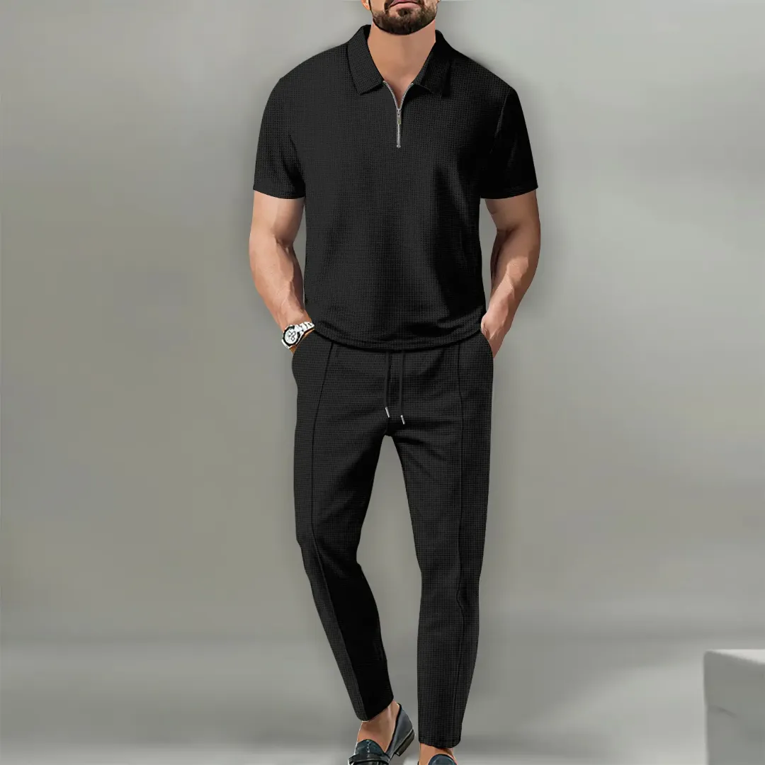 Ensemble Homme Polo Zippé & Pantalon Ajusté – Style Élégant Décontracté
