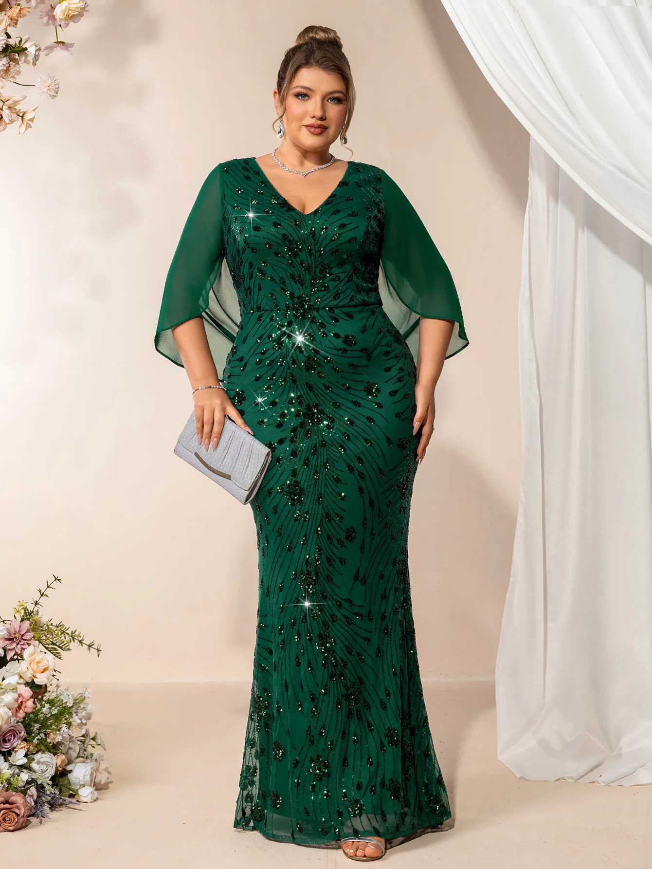 Robe de soirée grande taille à paillettes col V sirène - TW0206P