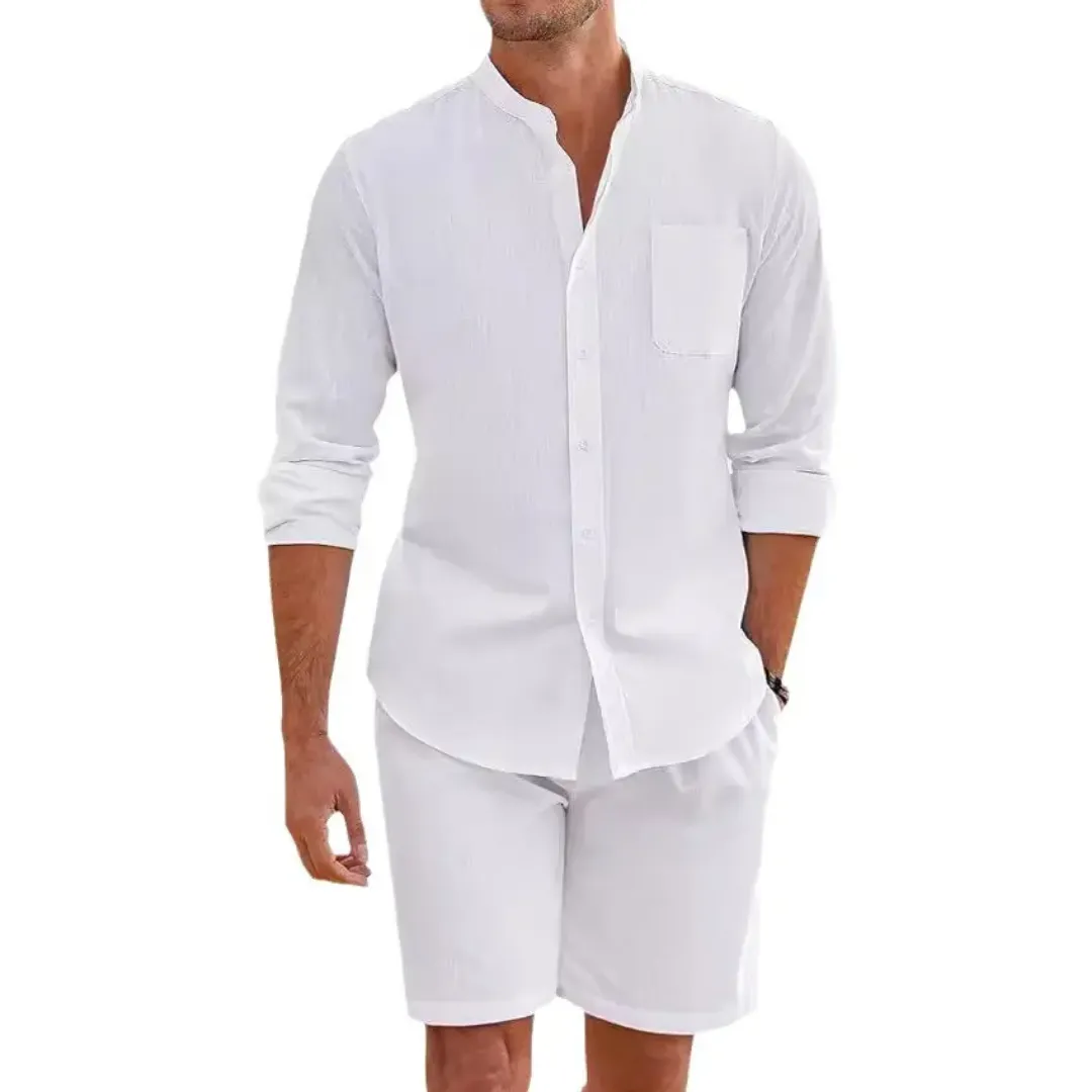 Ensemble Décontracté Homme Chemise à Col Mao et Short Assorti – Manches Longues
