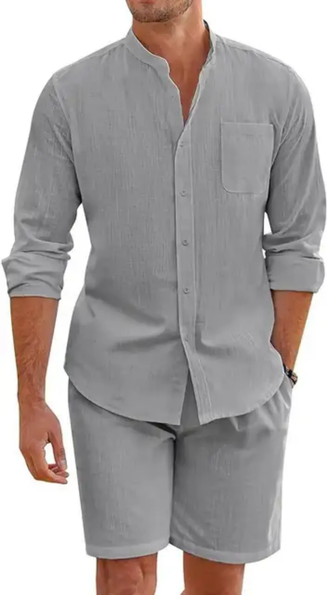 Ensemble Décontracté Homme Chemise à Col Mao et Short Assorti – Manches Longues
