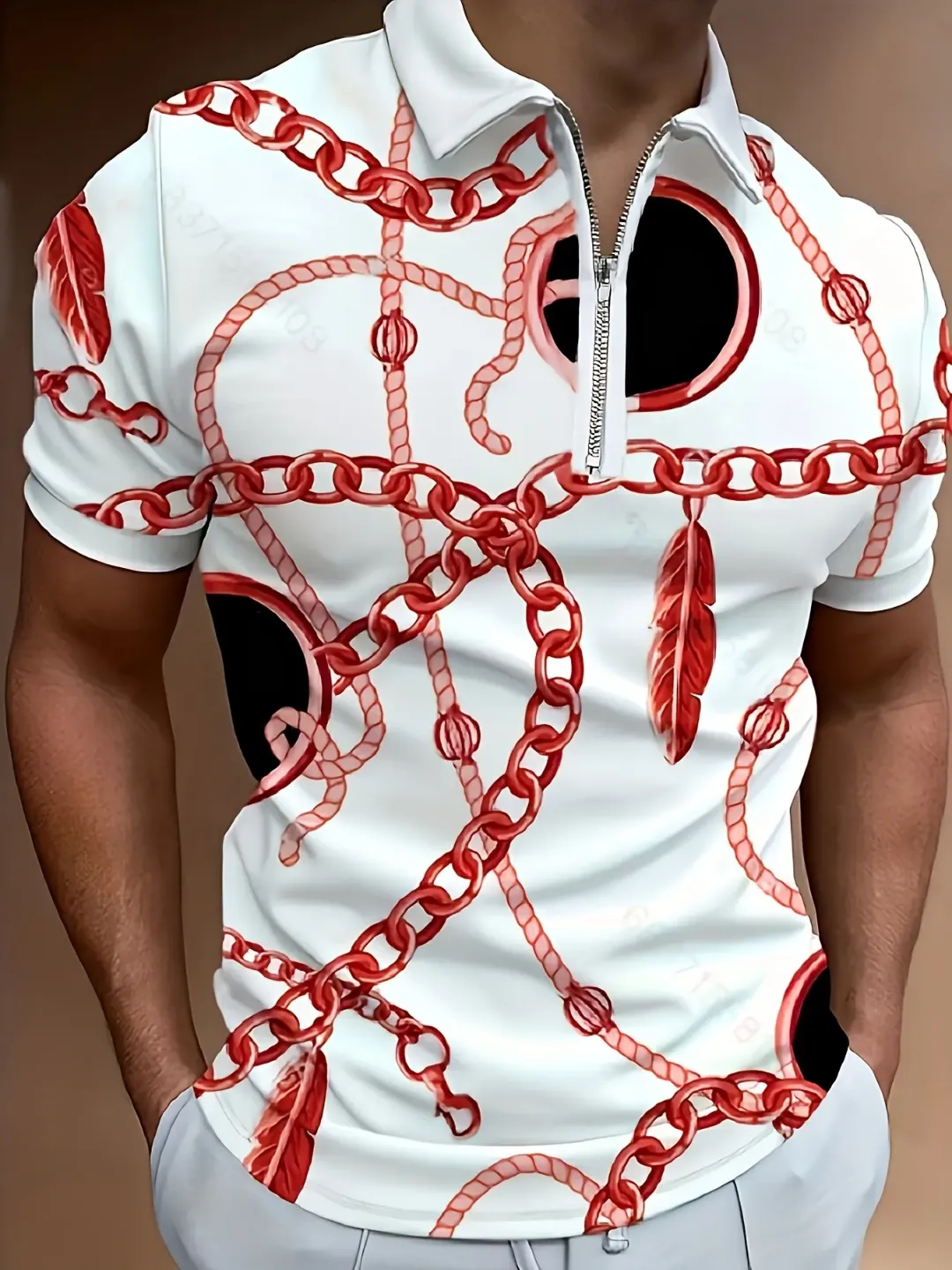 Polo Homme Blanc à Motifs Chaînes Dorées avec Fermeture Éclair