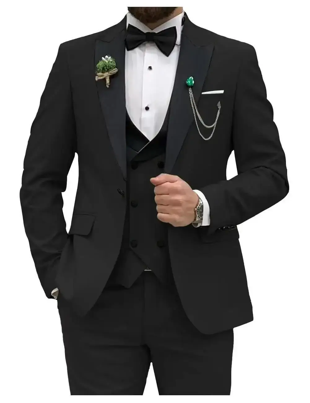 Costume 3 pièces homme Y2606 – Veste col satin + Gilet + Pantalon, style élégant mariage & affaires