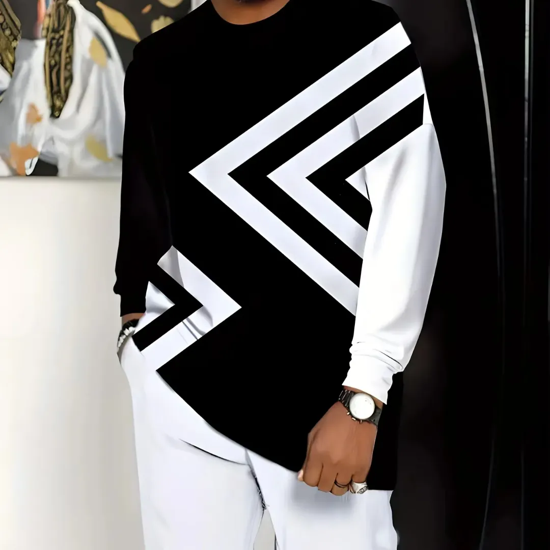 Sweat-shirt Homme Noir et Blanc à Motif Géométrique