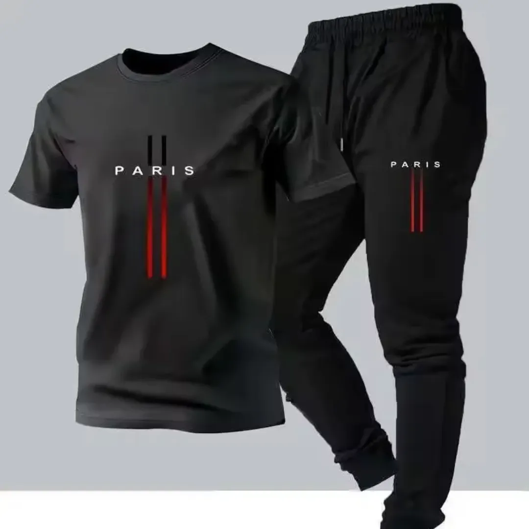 Costume de sport d'été décontracté 2 pièces pour homme T-shirt en coton à manches courtes Mountain Triangle Icon Print