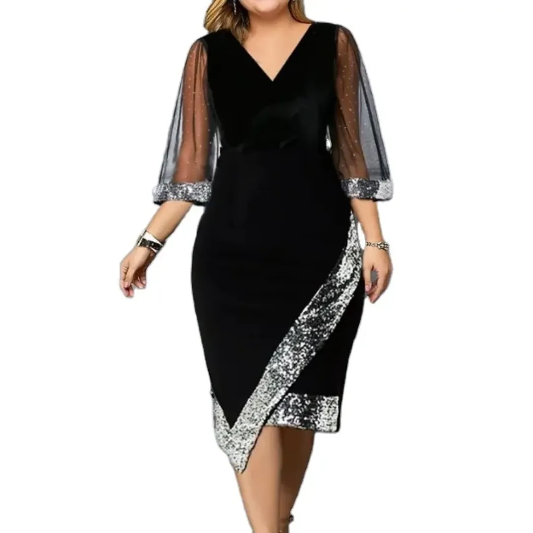 Robe Élégante Noire Grande Taille avec Manches Voile et Paillettes Argentées