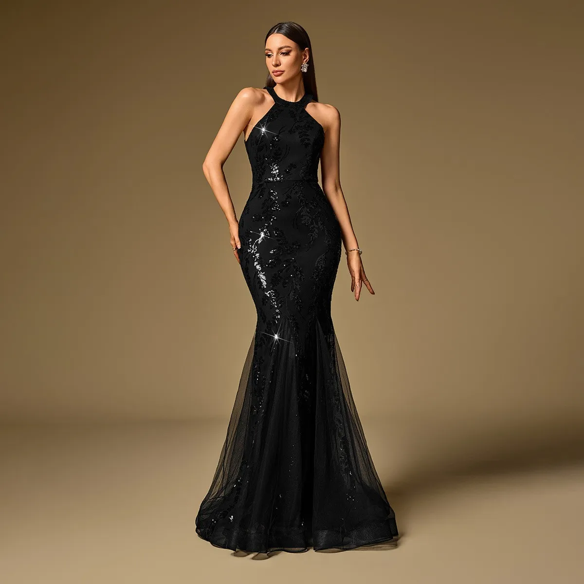 Robe Sirène Longue à Paillettes Col Halter – Soirée & Bal | TW00225