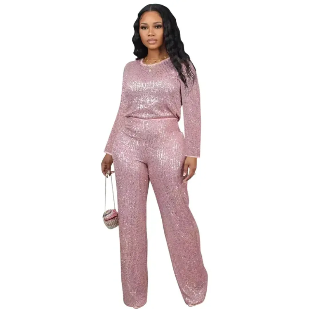 Ensemble Femme Pailleté 2 Pièces - Top Manches Longues et Pantalon Large