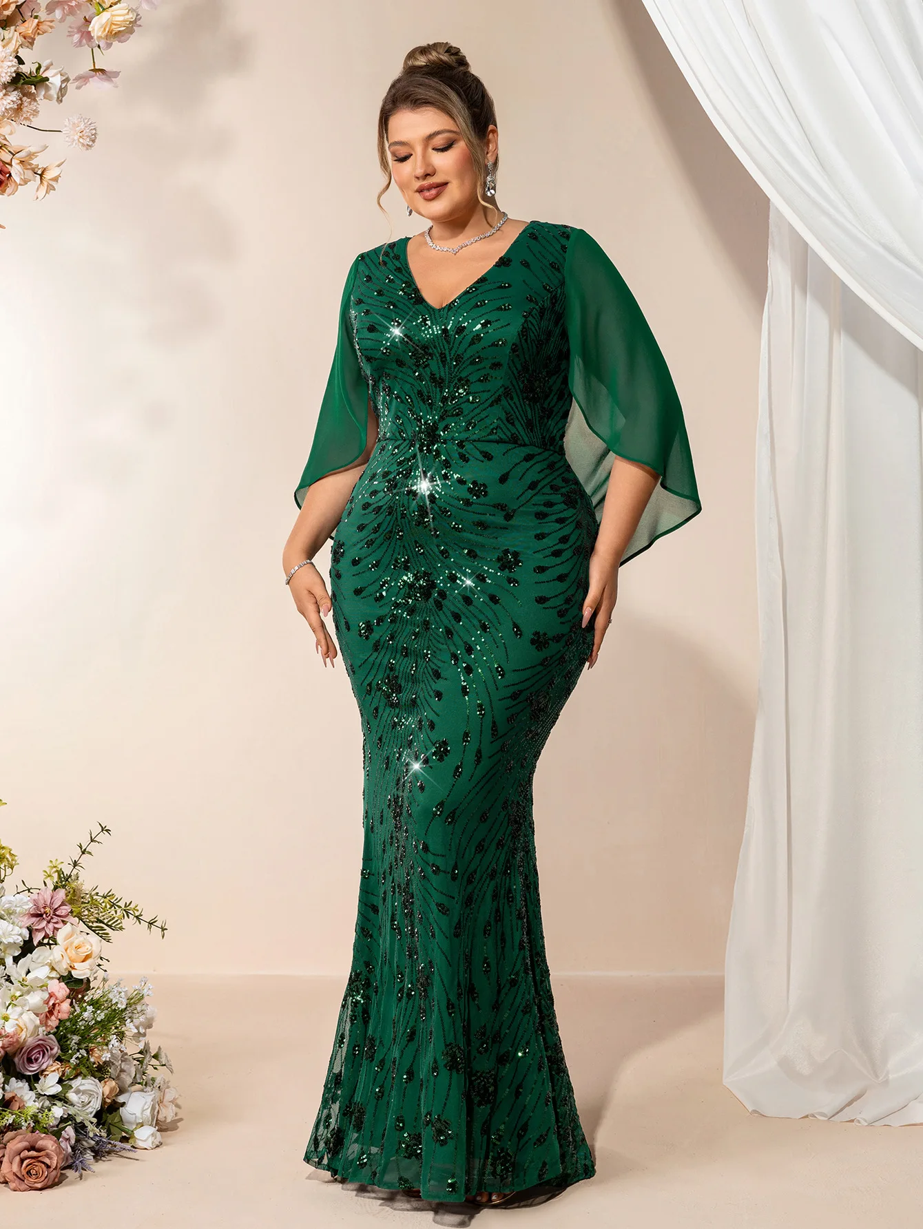 Robe de soirée grande taille à paillettes col V sirène - TW0206P