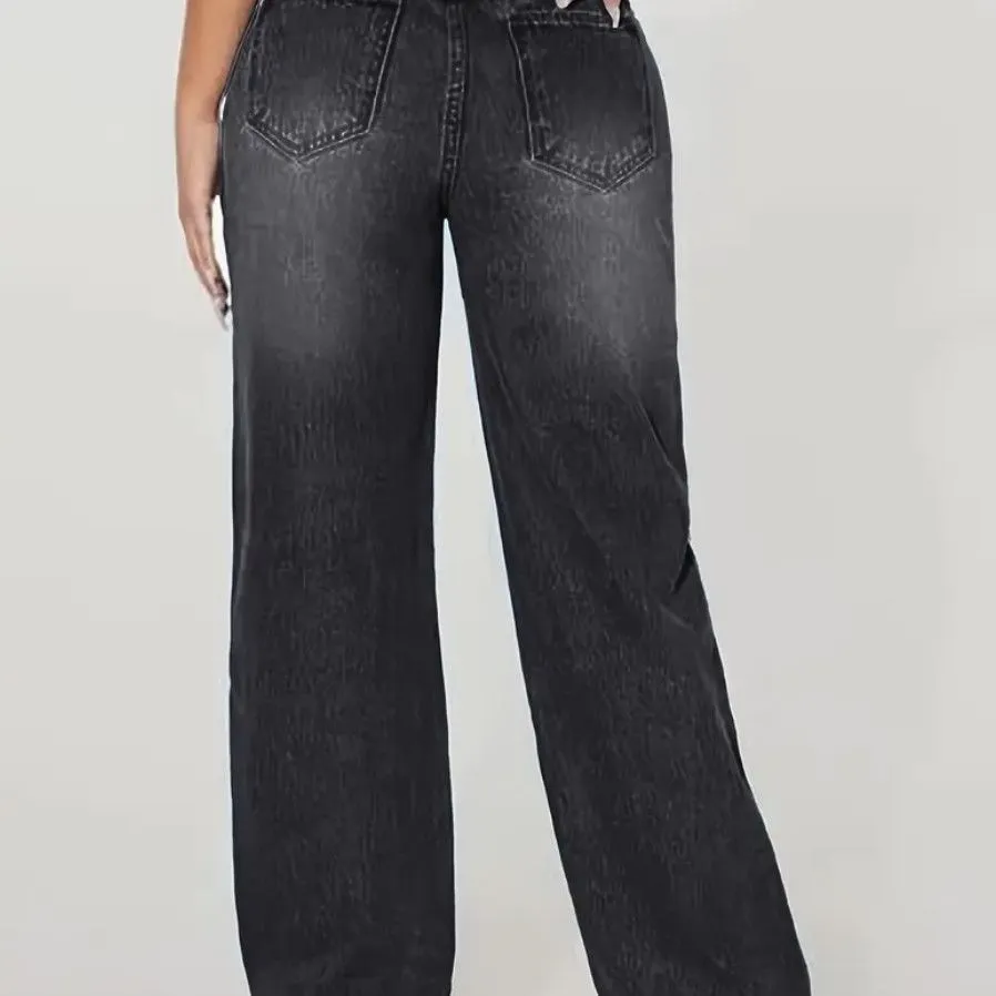 Jean femme taille haute large – Denim délavé avec effet déchiré tendance
