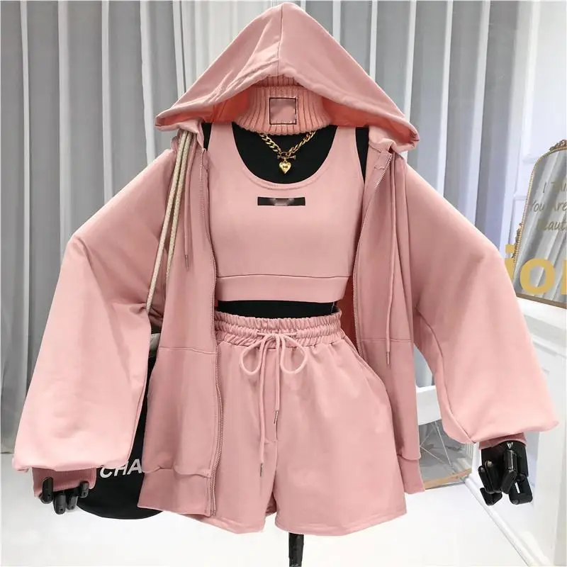 Ensemble 3 pièces femme sweat à capuche + pantalon + short brodé sport décontracté M-XXL
