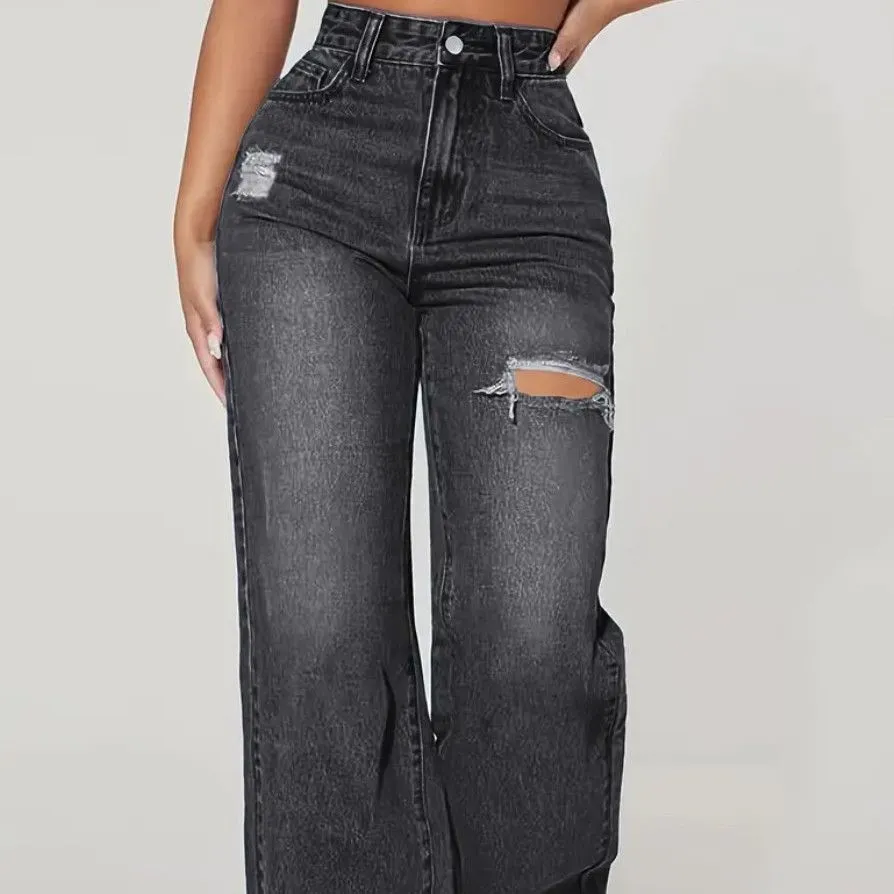 Jean femme taille haute large – Denim délavé avec effet déchiré tendance