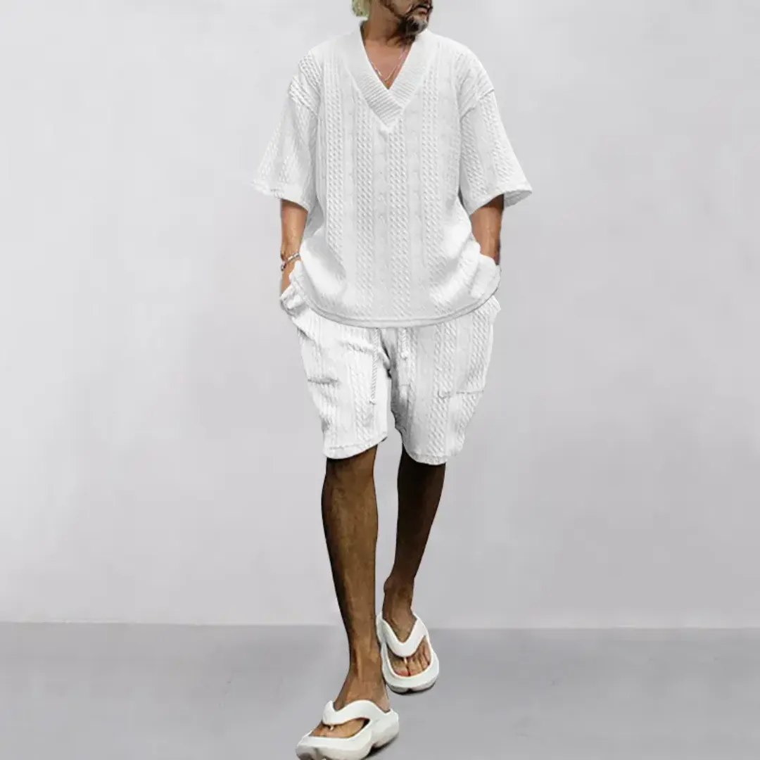 Ensemble Tricoté Homme Été – T-shirt Col V & Short Côtelé