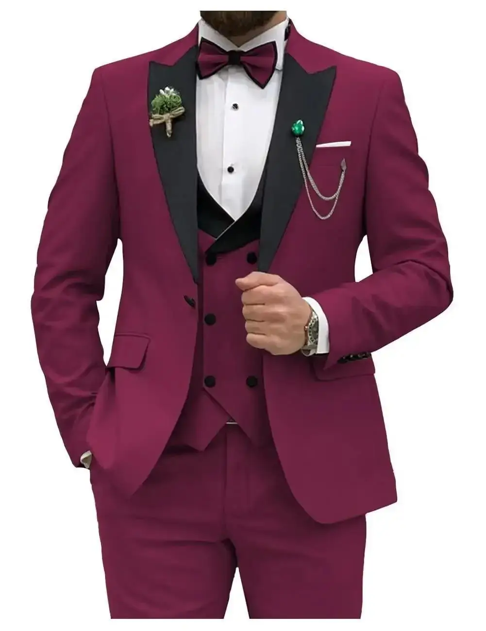 Costume 3 pièces homme Y2606 – Veste col satin + Gilet + Pantalon, style élégant mariage & affaires