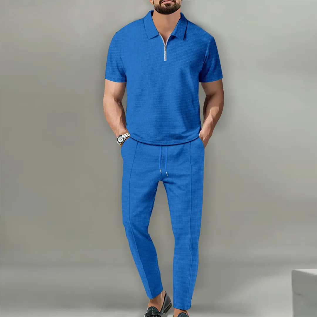 Ensemble Homme Polo Zippé & Pantalon Ajusté – Style Élégant Décontracté