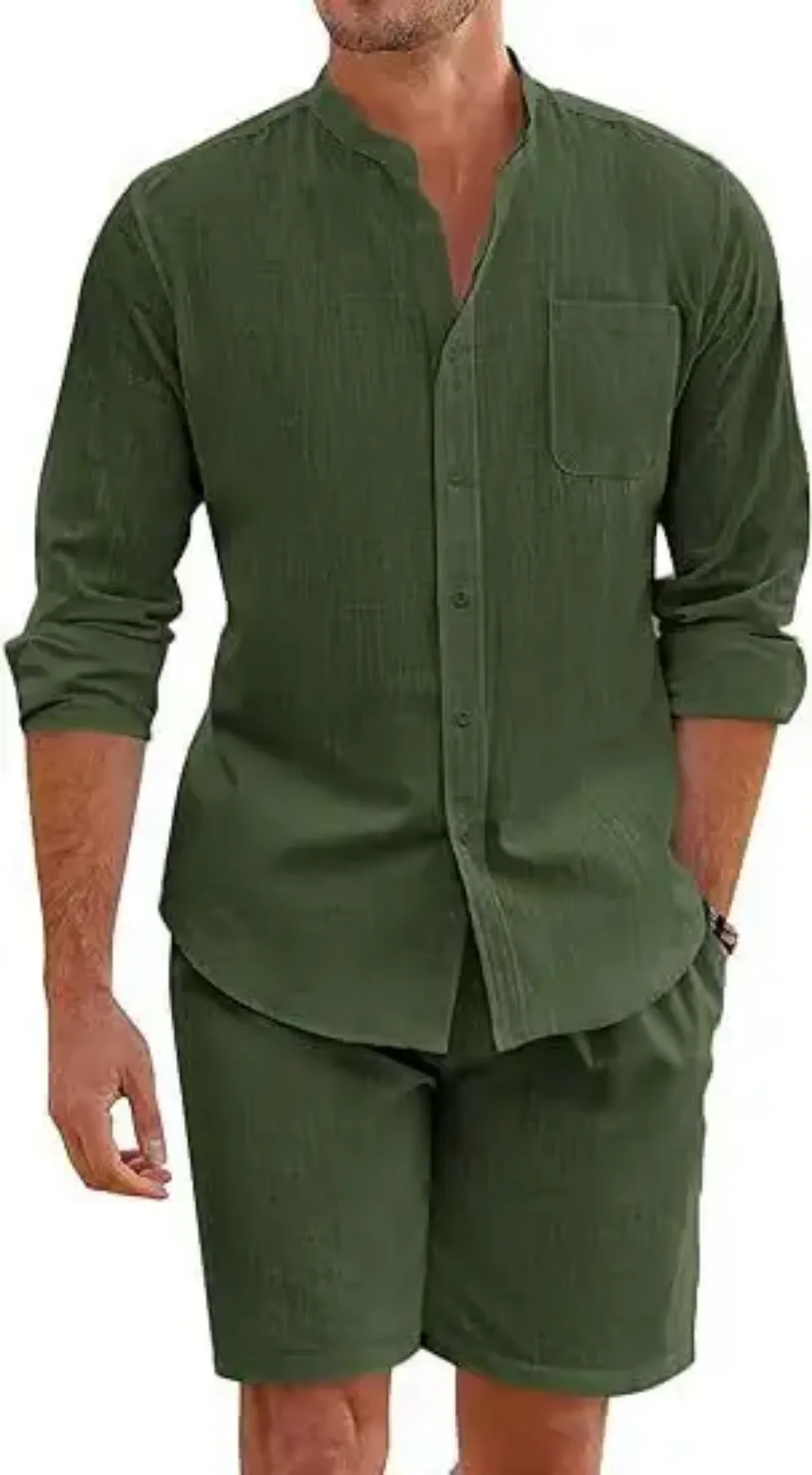Ensemble Décontracté Homme Chemise à Col Mao et Short Assorti – Manches Longues
